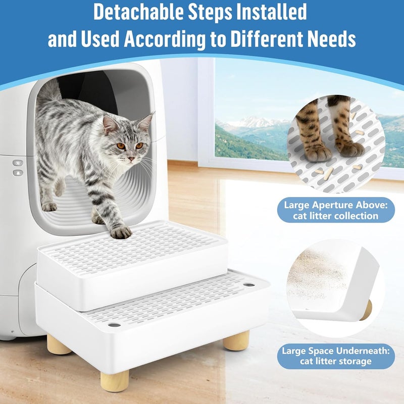 Bartuke Extra Large 2 Steps Cat Litter Box Step Ramp, Cat Litter Catcher Mat with Wooden Feet, Filter Function, Cat's Pedal Stool for Self-Cleaning Litter, Suitable Kitten & Elderly Cats (White) - Image 3